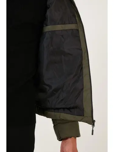 Water Repellent Slim Fit Pocketed Stand-Up Collar Padded Jacket 649010-Khaki - 5