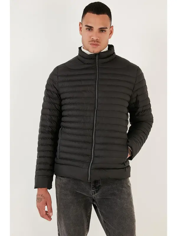 Water Repellent Slim Fit Stand-Up Collar Padded Jacket With Pockets 649010-Black - 1