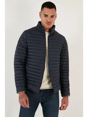 Water Repellent Slim Fit Stand-Up Collar Padded Jacket with Pockets 649010-Navy Blue - 1