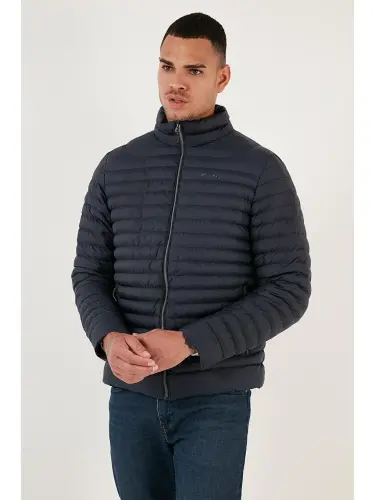 Water Repellent Slim Fit Stand-Up Collar Padded Jacket with Pockets 649010-Navy Blue - 2