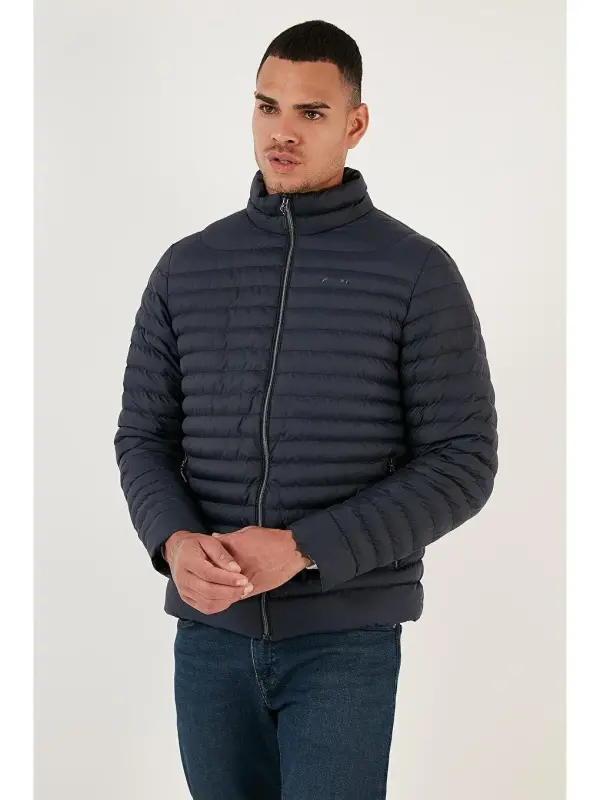 Water Repellent Slim Fit Stand-Up Collar Padded Jacket with Pockets 649010-Navy Blue - 2