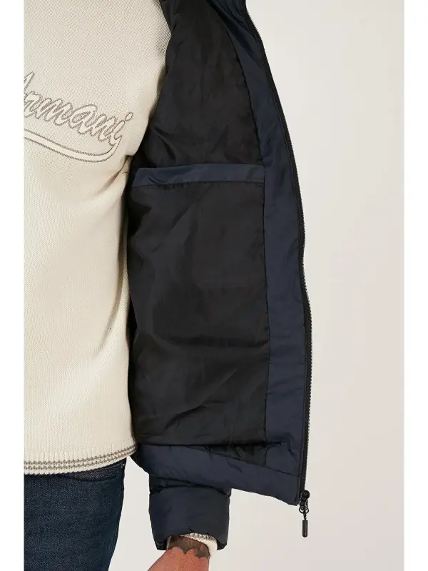 Water Repellent Slim Fit Stand-Up Collar Padded Jacket with Pockets 649010-Navy Blue - 5