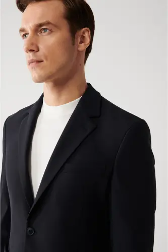 Water-resistant, 360 degree stretch, slim fit, single button, double vent, unlined navy blue men's jacket. - AVVA (1)