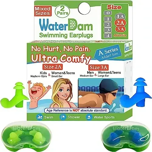 WaterDam A-Series Swimming Ear Plugs Ultra Comfy Great Waterproof Earplugs (Mixed Sizes, Size 2A+3A: Medium-Large Ear Women&Teens & Small-Medium Ear Men (Green Blue)) - WATERDAM