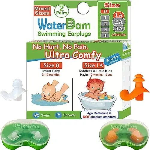 WaterDam A-Series Swimming Ear Plugs Ultra Comfy Great Waterproof Earplugs (Mixed Sizes, Size 0+1A: Infants Babies Toddlers 3-18months (Clear Orange)) - 1