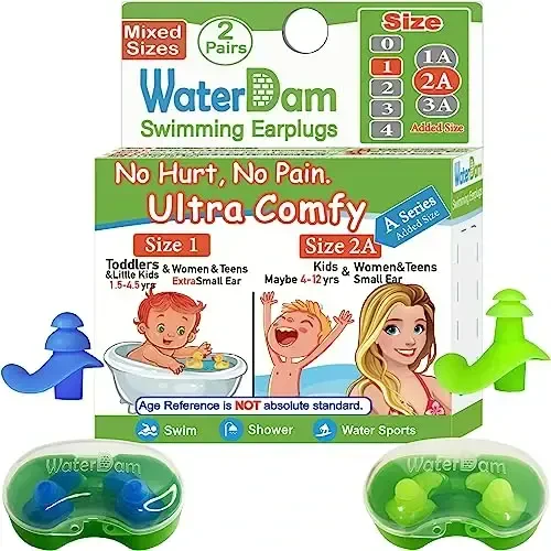 WaterDam A-Series Swimming Ear Plugs Ultra Comfy Great Waterproof Earplugs (Mixed Sizes, Size 1+2A: Small Ear Women Teens Kids (Blue Green)) 