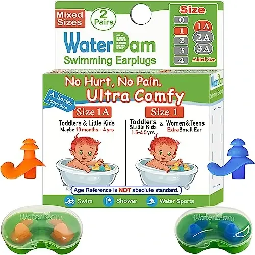 WaterDam A-Series Swimming Ear Plugs Ultra Comfy Great Waterproof Earplugs (Mixed Sizes, Size 1A+1: Toddler Little Kids 10m-6yrs & ExtraSmall Ear Women&Teens) 