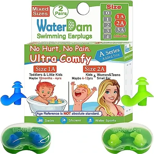WaterDam A-Series Swimming Ear Plugs Ultra Comfy Great Waterproof Earplugs (Mixed Sizes, Size 1A+2A: Kids & Small Ear Women&Teens (Blue Green)) - WATERDAM
