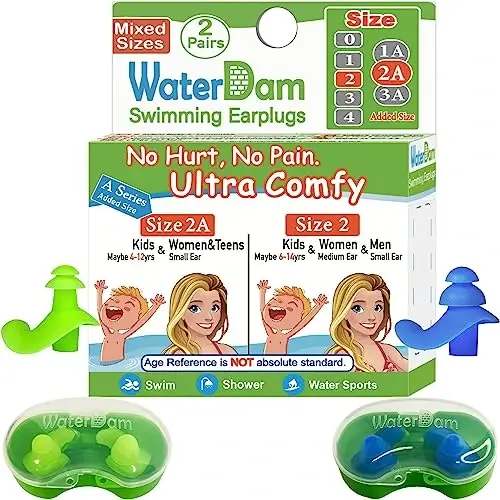 WaterDam A-Series Swimming Ear Plugs Ultra Comfy Great Waterproof Earplugs (Mixed Sizes, Size 2A+2: Kids Teens Medium Ear Women Small Ear Men (Green Blue)) - WATERDAM