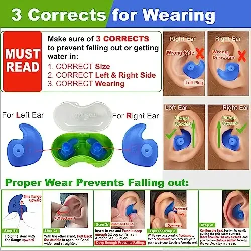 WaterDam A-Series Swimming Ear Plugs Ultra Comfy Great Waterproof Earplugs (Mixed Sizes, Size 2A+3A: Medium-Large Ear Women&Teens & Small-Medium Ear Men (Green Blue)) - 6