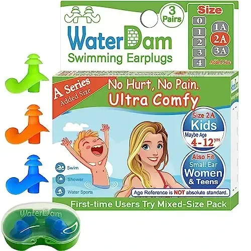 WaterDam A-Series Swimming Ear Plugs Ultra Comfy Great Waterproof Earplugs (Size 2A, Size 2A+2A+2A: Kids Teens Small&Medium Ear Women (Green Orange Blue)) 