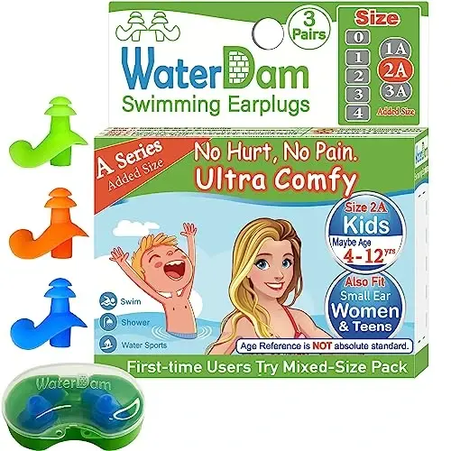 WaterDam A-Series Swimming Ear Plugs Ultra Comfy Great Waterproof Earplugs (Size 2A, Size 2A+2A+2A: Kids Teens Small&Medium Ear Women (Green Orange Blue)) - 1