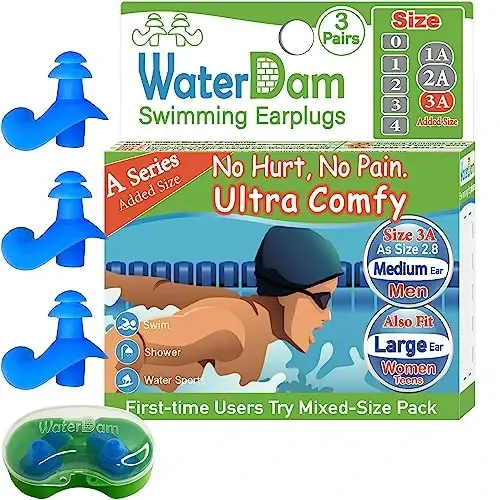WaterDam A-Series Swimming Ear Plugs Ultra Comfy Great Waterproof Earplugs - Size 3A (Blue) Great for Narrow Ears Like Size 2.8 - Medium Ear Men & Large Ear Teens&Women 