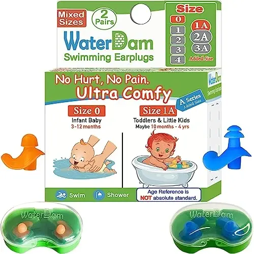 WaterDam A-Series Swimming Ear Plugs Ultra Comfy Great Waterproof Earplugs (Mixed Sizes, Size 0+1A: Infants Babies Toddlers 3-18months (Orange Blue)) - 1