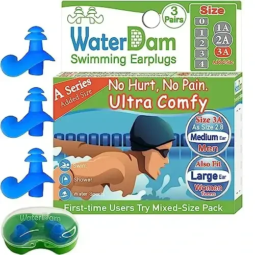 WaterDam A-Series Swimming Ear Plugs Ultra Comfy Great Waterproof Earplugs - Size 3A (Blue) Great for Narrow Ears Like Size 2.8 - Medium Ear Men & Large Ear Teens&Women - WATERDAM