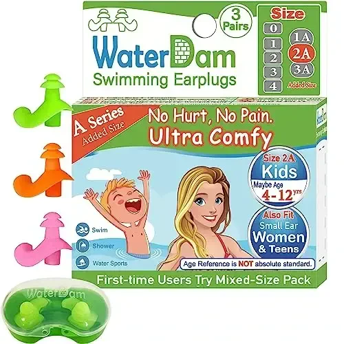 WaterDam A-Series Swimming Ear Plugs Ultra Comfy Great Waterproof Earplugs (Size 2A+2A+2A: Kids Teens Small&Medium Ear Women (Green Orange Pink)) 