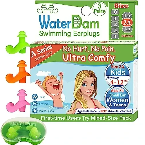 WaterDam A-Series Swimming Ear Plugs Ultra Comfy Great Waterproof Earplugs (Size 2A+2A+2A: Kids Teens Small&Medium Ear Women (Green Orange Pink)) 