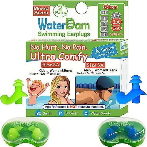 WaterDam A-Series Swimming Ear Plugs Ultra Comfy Great Waterproof Earplugs (Mixed Sizes, Size 2A+3A: Medium-Large Ear Women&Teens & Small-Medium Ear Men (Green Blue)) - 1
