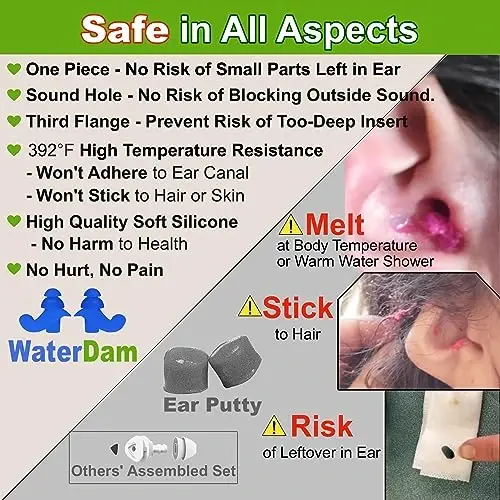 WaterDam Swimming Ear Plugs Great Waterproof Ultra Comfy Earplugs Prevent Swimmer's Ear - 5