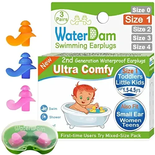 WaterDam Swimming Ear Plugs Great Waterproof Ultra Comfy Earplugs Prevent Swimmer's Ear (Size 1+1+1: Toddlers & ExtraSmall Ear Teens&Women (Orange Blue Pink)) - WATERDAM