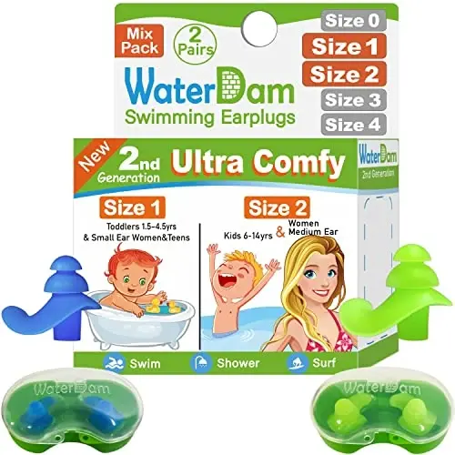 WaterDam Swimming Ear Plugs Great Waterproof Ultra Comfy Earplugs Prevent Swimmer's Ear (Size 1+2: Toddlers (Blue) & Small&Medium Ear Women Kids Teens (Green)) 