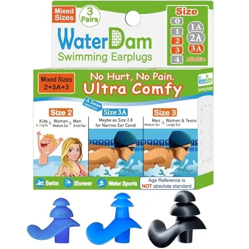 WaterDam Swimming Ear Plugs - Ultra Comfy Waterproof Earplugs Prevent Swimmer's Ear (Small, Medium, Large - Blue, Black) 