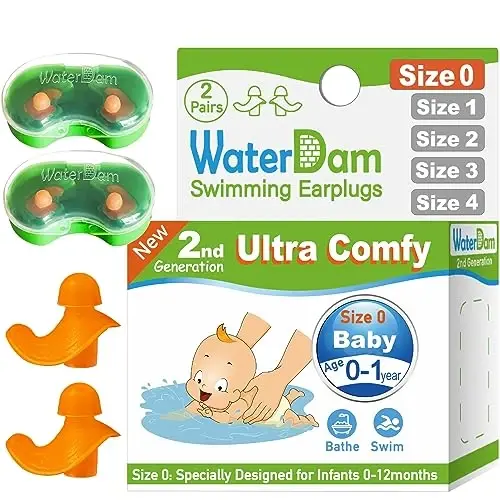 WaterDam Swimming Ear Plugs Great Waterproof Ultra Comfy Earplugs Prevent Swimmer's Ear (Size 0: Baby 0-1 Year (Orange)) - 1