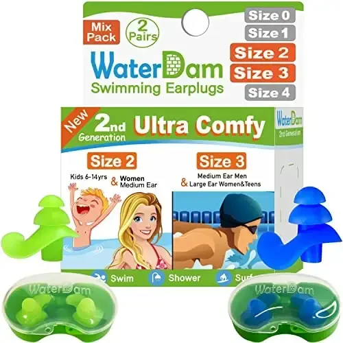 WaterDam Swimming Ear Plugs - Ultra Comfy Waterproof Earplugs Prevent Swimmer's Ear (Small & Large, Green & Blue) 