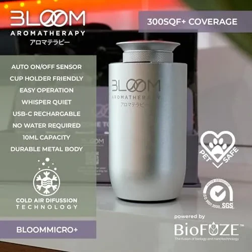Waterless Car Diffuser for Essential Oils - BloomMicro+ Onyx Car & Home Diffuser - Waterless Diffuser Scent Air Machine - Rechargeable Car Air Freshener Diffuser & Scents Over 300 Sqf - Silver - Bloom Aromatherapy