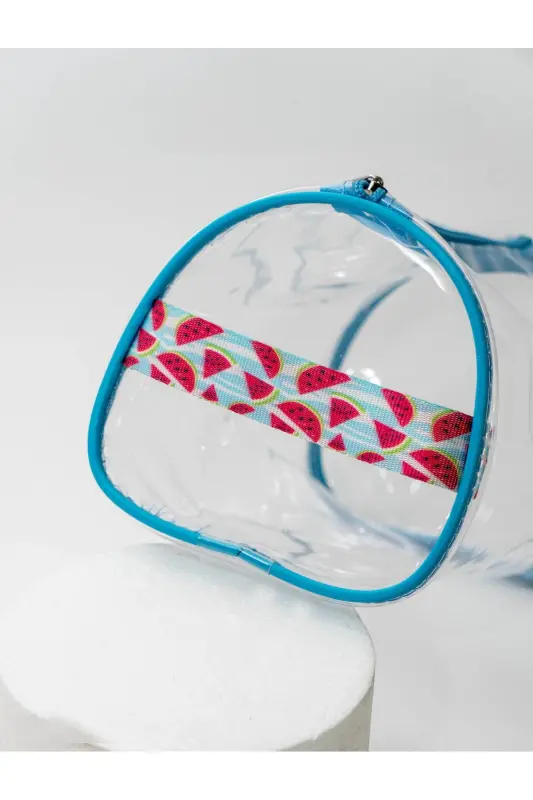 Watermelon Pattern Handheld Large Blue Transparent Holiday, Beach, Cosmetic, Makeup and Care Bag-Blue - 2