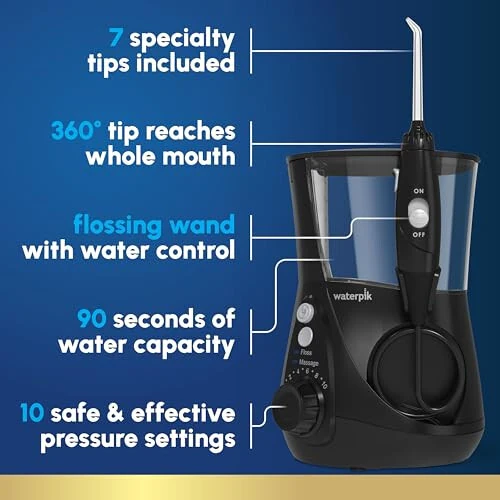 Waterpik Aquarius Water Flosser Professional For Teeth, Gums, Braces, Dental Care, Electric Power With 10 Settings, 7 Tips For Multiple Users And Needs, ADA Accepted, Black WP-662, Packaging May Vary - Waterpik