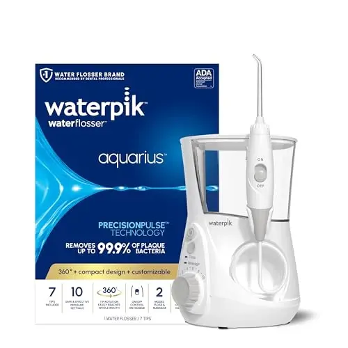Waterpik Aquarius Water Flosser For Teeth Cleaning, Gums, Braces, Dental Care, Electric Power With 10 Settings, 7 Tips For Multiple Users And Needs, ADA Accepted, White WP-660, Packaging May Vary - 1