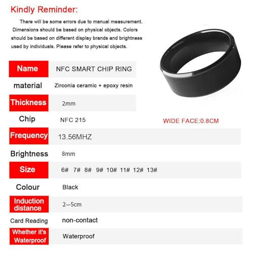 Waterproof Ceramic NFC Ring, NFC Forum Type 2 215 496 Bytes Chip Universal for Mobile Phone, All-Round Sensing Technology Wearable Smart Ring, Wide Surface Fashion Ring (10#) - 5