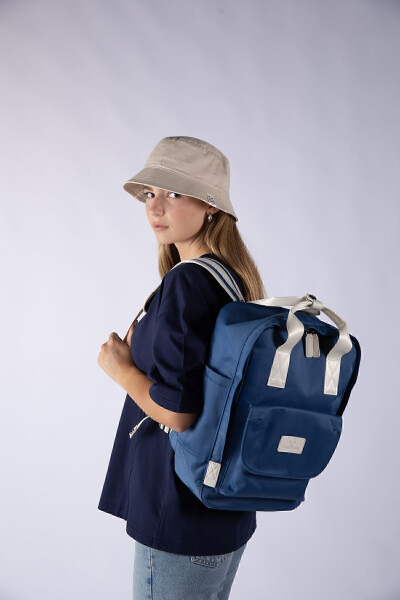 Waterproof Fabric Unisex Indigo Backpack Adjustable Shoulder And Hand Strap With Large Eyelet Pocket - 5