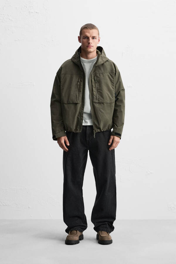 Waterproof hooded jacket (Light khaki) - 1