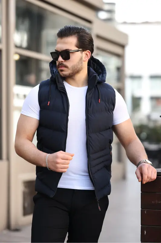 Waterproof Men's Detachable Hooded Vest-Navy Blue - 2