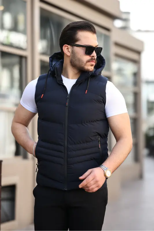 Waterproof Men's Detachable Hooded Vest-Navy Blue - 3