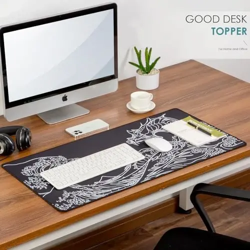 Waterproof Mouse Pad, Japanese Sea Wave Large Keyboard Pad with Anti-Slip Base, Extended Kanagawa Mat Desk Pad, for Gamer, Office & Home, Off to College/Back to School, 35.43