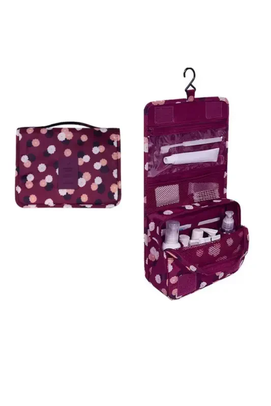 Waterproof Organizer Hanging Travel Cosmetic Makeup Bag Burgundy Floral-Burgundy - 1