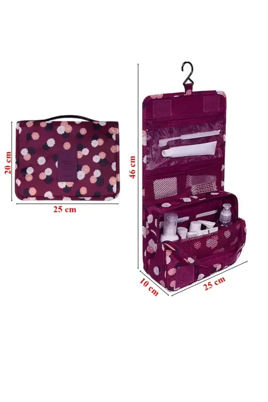 Waterproof Organizer Hanging Travel Cosmetic Makeup Bag Burgundy Floral-Burgundy - 2