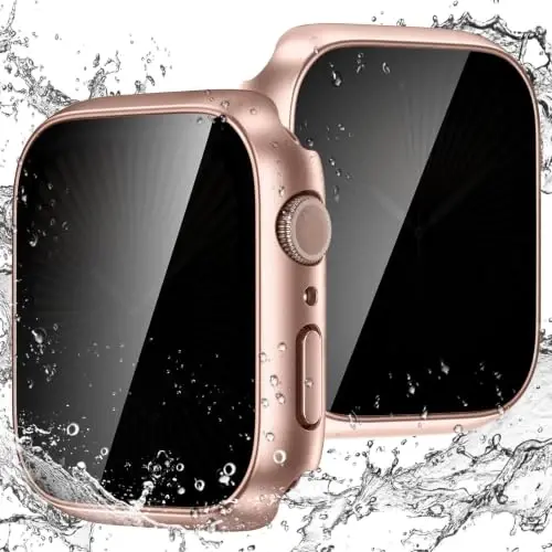 Waterproof Privacy Case for Apple Watch Screen Protector 44mm Rosegold | for Apple Watch SE3/SE2/SE, Series 6/5/4 Anti-Spy Tempered Glass Film iWatch Cover Slim Hard PC Case Bumper Anti-Scratch - 1
