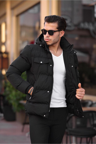 Waterproof Winter Detachable Hooded Fur Lined Winter Puffer Black Men's Jacket Coat - 2