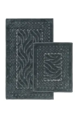 Wave Patterned 2-Piece Bath Mat Set - 100% Cotton - Anthracite - 1