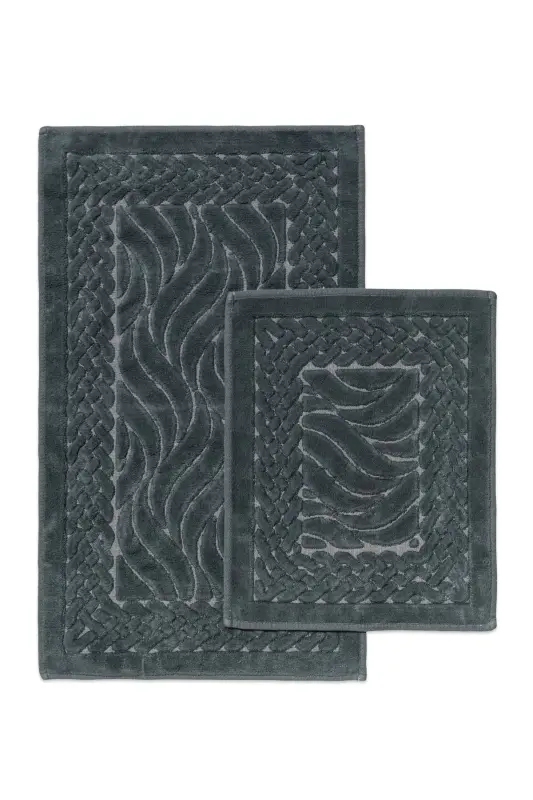 Wave Patterned 2-Piece Bath Mat Set - 100% Cotton - Anthracite - 1