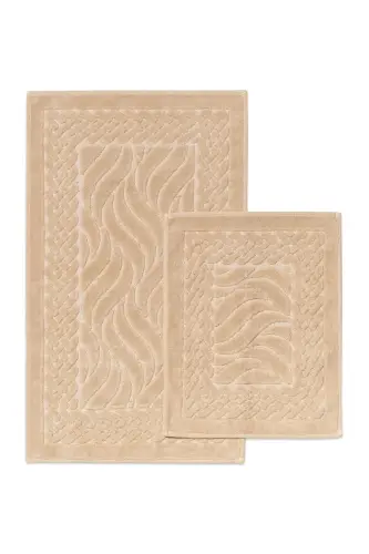 Wave Patterned 2-Piece Bath Mat Set - 100% Cotton-Beige 