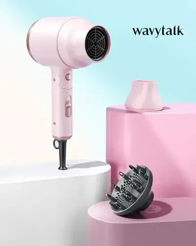 Wavytalk Blow Dryer with Diffuser, Mini Hair Dryer with Folding Handle, 1600W Quiet Lightweight Hairdryer with Diffuser Compact Design, Pinky White - wavytalk