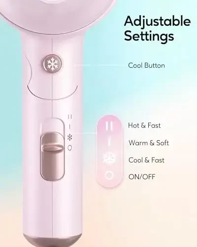 Wavytalk Blow Dryer with Diffuser, Mini Hair Dryer with Folding Handle, 1600W Quiet Lightweight Hairdryer with Diffuser Compact Design, Pinky White - 4
