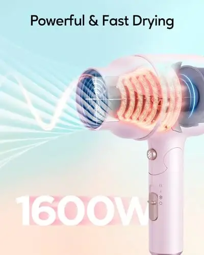 Wavytalk Diffuzorli Soch Quritgich, Katlanadigan Tutqichli Mini Soch Quritgich, 1600W Jim va Yengil Soch Quritgich Diffuzorli Kompakt Dizayn, Pushti Oq - 3
