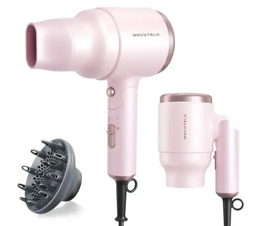 Wavytalk Diffuzorli Soch Quritgich, Katlanadigan Tutqichli Mini Soch Quritgich, 1600W Jim va Yengil Soch Quritgich Diffuzorli Kompakt Dizayn, Pushti Oq - 6