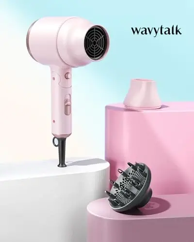 Wavytalk Blow Dryer with Diffuser, Mini Hair Dryer with Folding Handle, 1600W Quiet Lightweight Hairdryer with Diffuser Compact Design, Pinky White - 1
